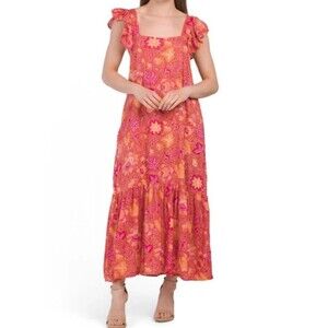 House of Harlow 1960 Floral Tiered Maxi Red/Orange Dress Flutter Sleeve Small